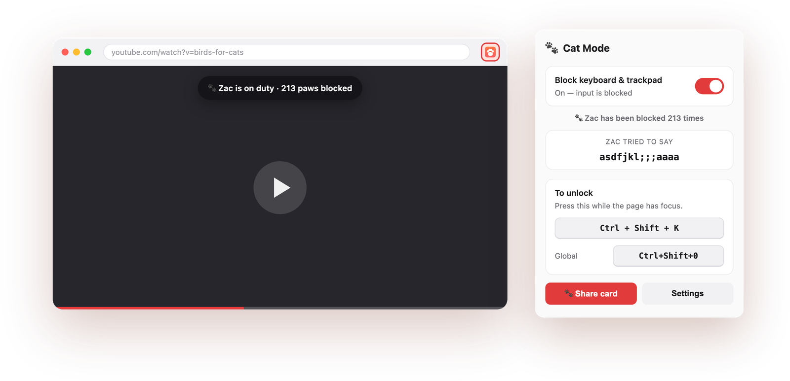 A YouTube video with a “Zac is on duty · 213 paws blocked” banner across it, next to the Cat Mode popup showing the block toggle switched on.
