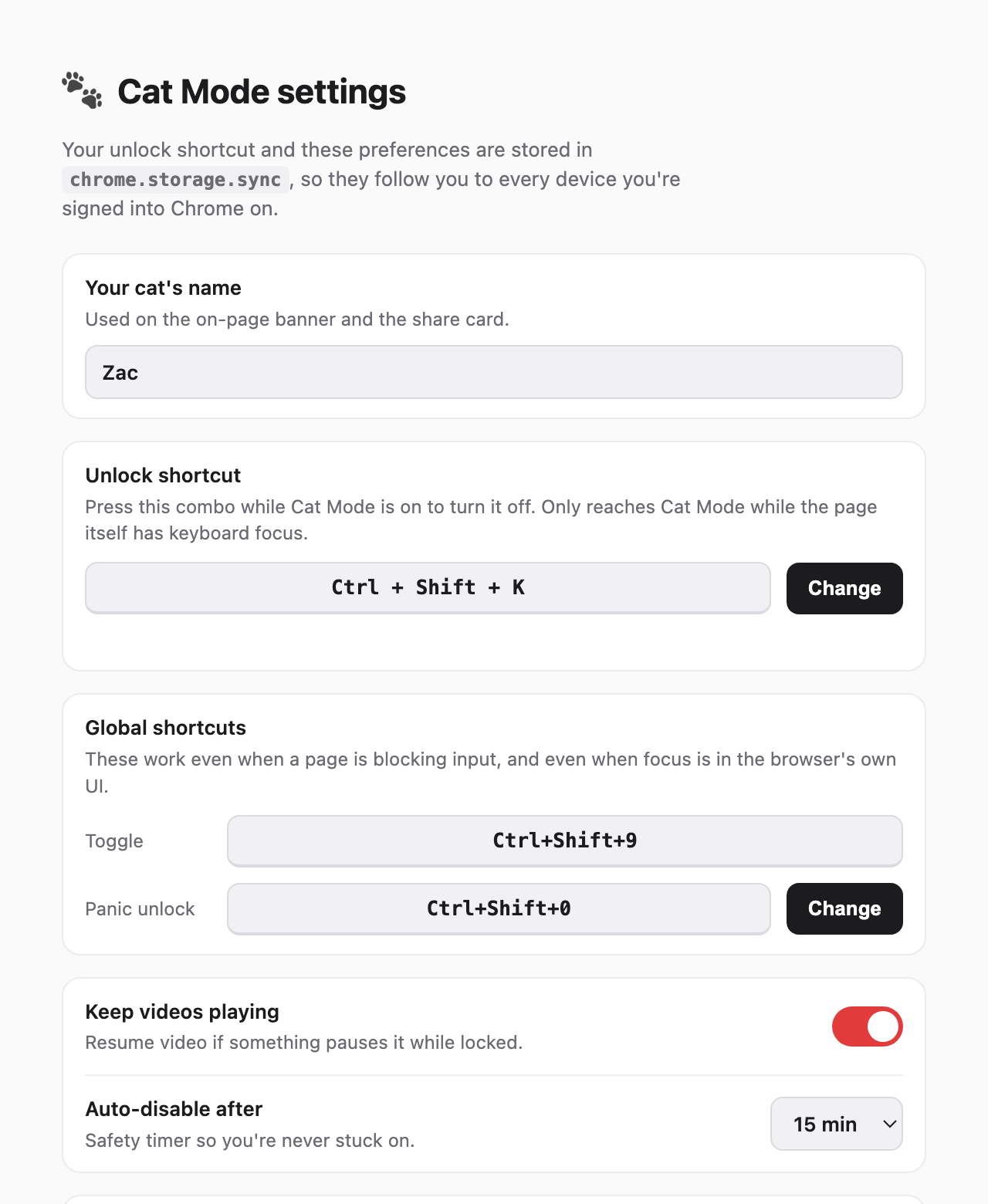 The Cat Mode settings page: your cat's name, unlock shortcut, global shortcuts, keep videos playing, and the auto-disable timer.