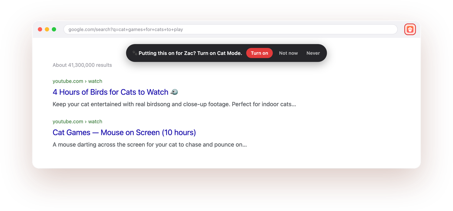 A Google results page for “cat games for cats to play”, with a Cat Mode toast offering to turn on, with Turn on, Not now and Never buttons.